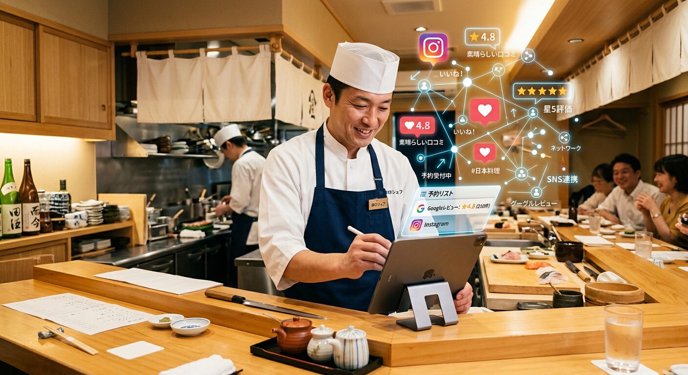 InstagramとMEOを連携させるメリット　日本食のカウンターでデジタル端末を確認するシェフと、SNSの口コミがGoogleビジネスプロフィールの評価に繋がる連携イメージ。