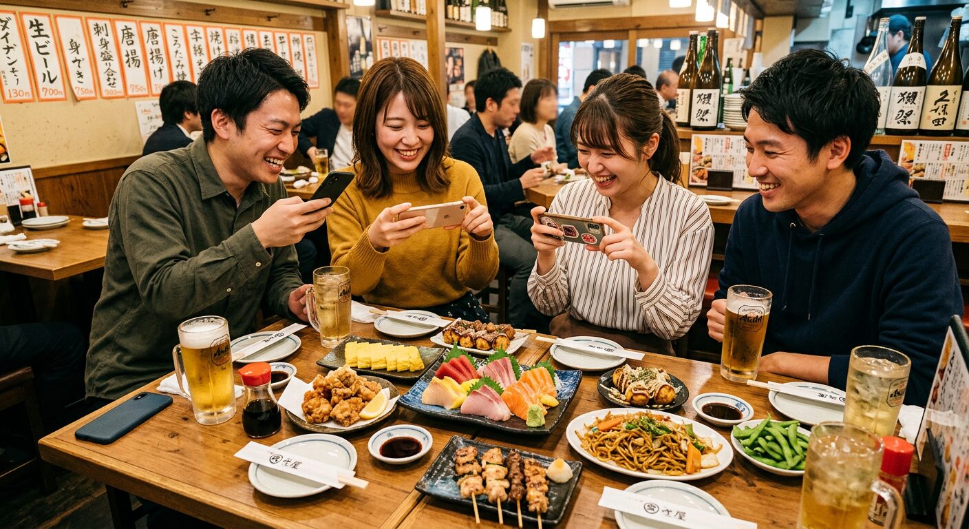 Instagramの重要性　おしゃれな居酒屋で、和食料理をスマートフォンで撮影してInstagramに投稿しようとするグループ。