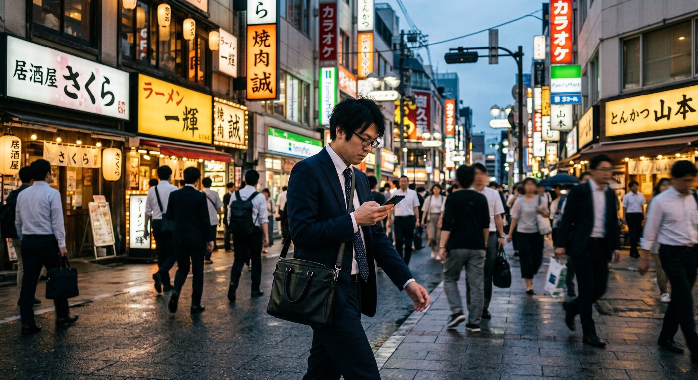 MEO対策の基本　街角でスマートフォンを使ってGoogleマップから近くの飲食店を検索する男性。MEO対策による店舗検索のイメージ。