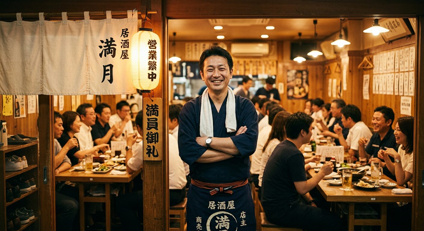 nstagramとMEO対策の相乗効果で、満席になった活気あるレストランと、満足そうに微笑む店主。
