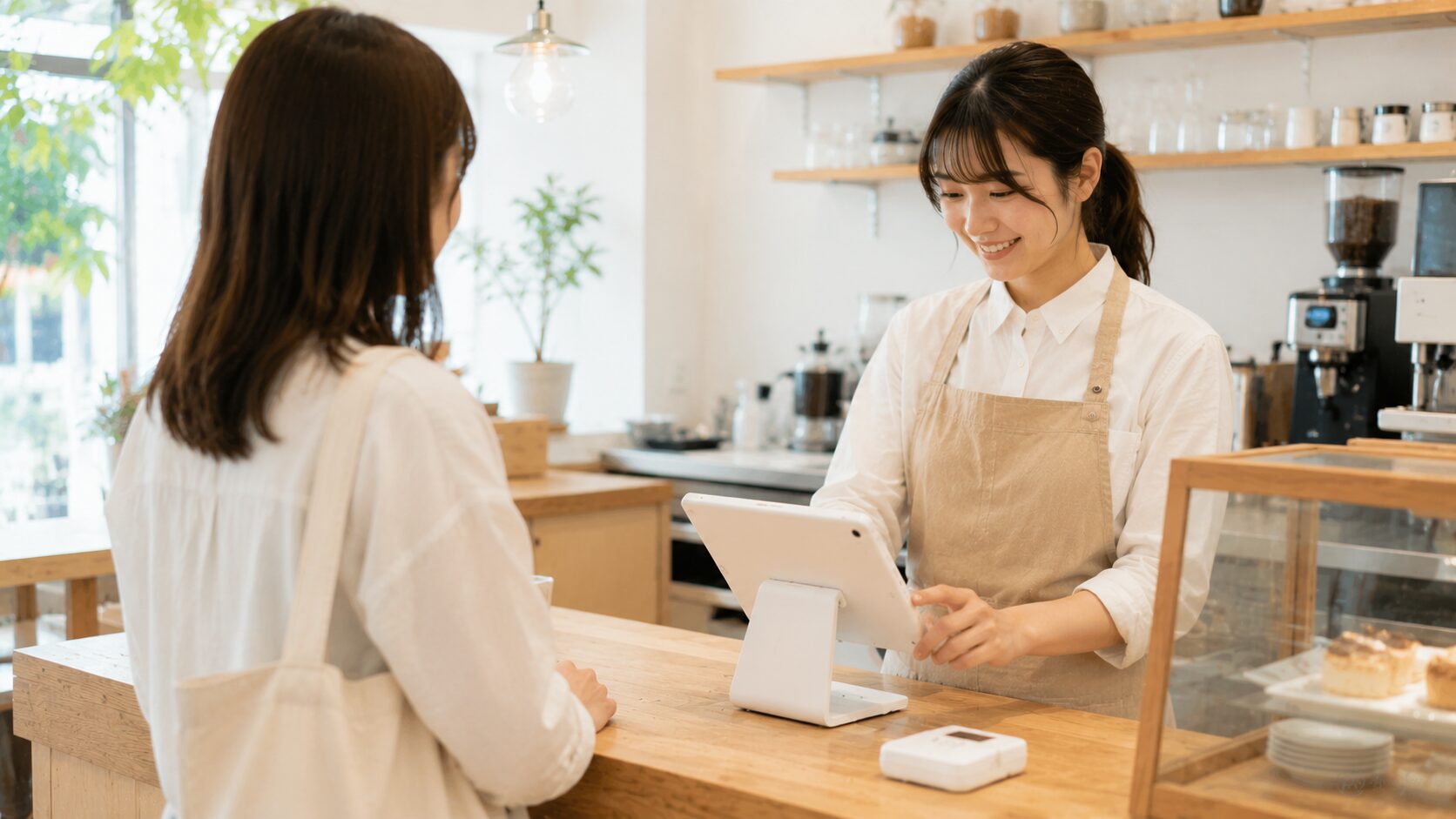 iPad型POSレジを使って会計しているカフェスタッフ