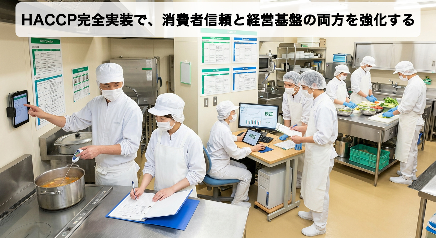 飲食店のスタッフ全員がHACCP 5ステップを実装し、温度管理、毎日の記録、定期検証を通じて、組織的に食品衛生管理を確立している