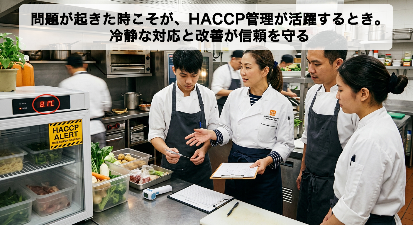 飲食店の衛生管理責任者とスタッフが、HACCP管理上の問題発生時に、是正措置について相談・対応している