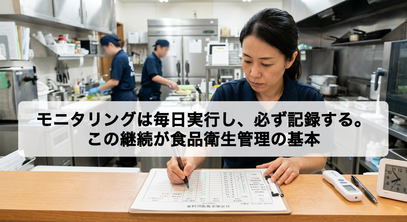 飲食店の衛生管理スタッフがHACCP記録票にペンで毎日のモニタリング結果を丁寧に記入している