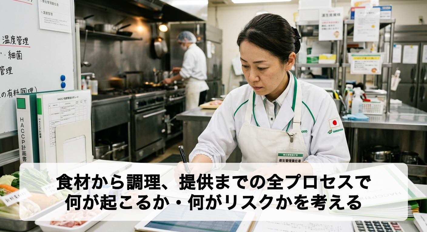 飲食店のHACCP衛生管理責任者がデスクで、危害要因分析シートを前に丁寧に分析・記入している