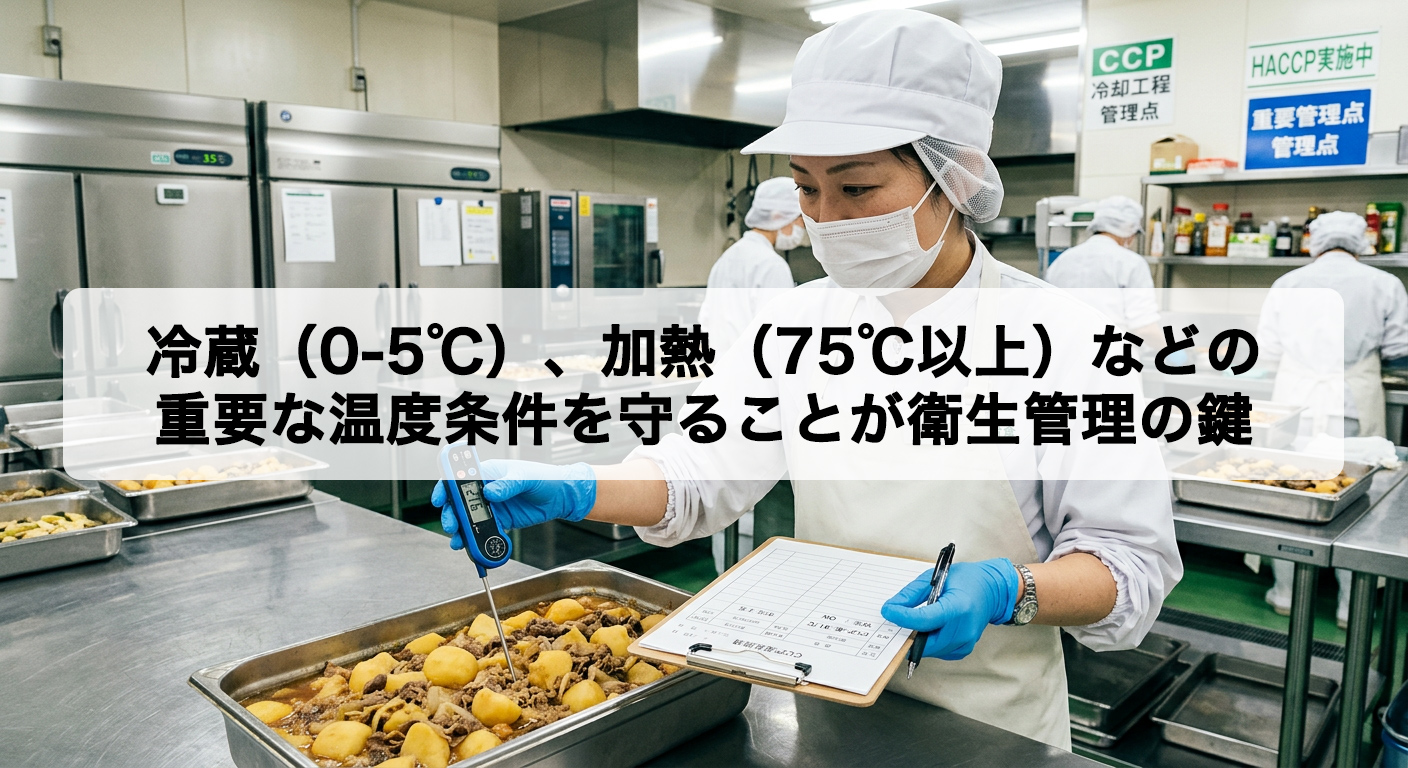 給食施設のスタッフが冷蔵庫の温度計で厳密に温度を確認し、HACCP重要管理点を実行している