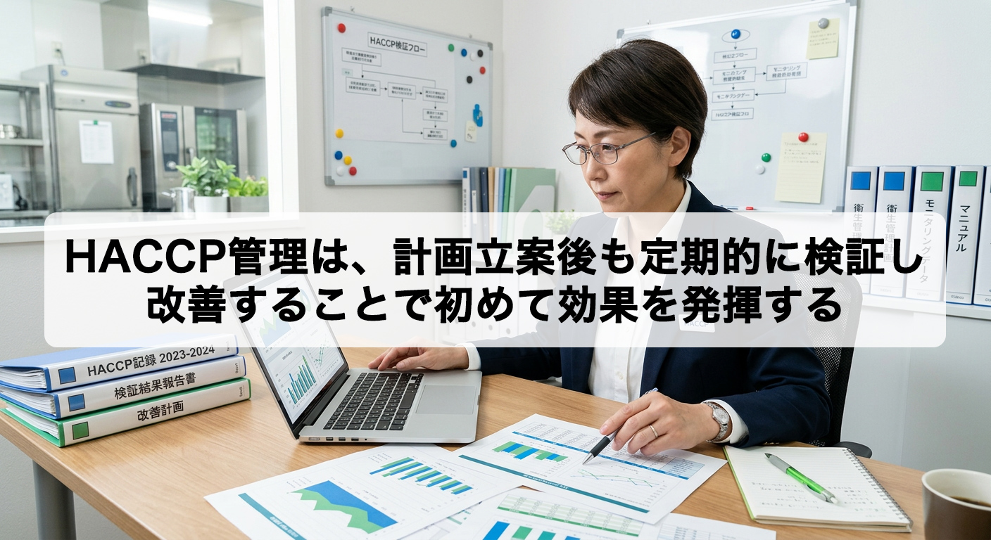 飲食店の衛生管理責任者がノートパソコンで、過去のHACCPモニタリングデータを分析し、管理計画の有効性を定期検証している