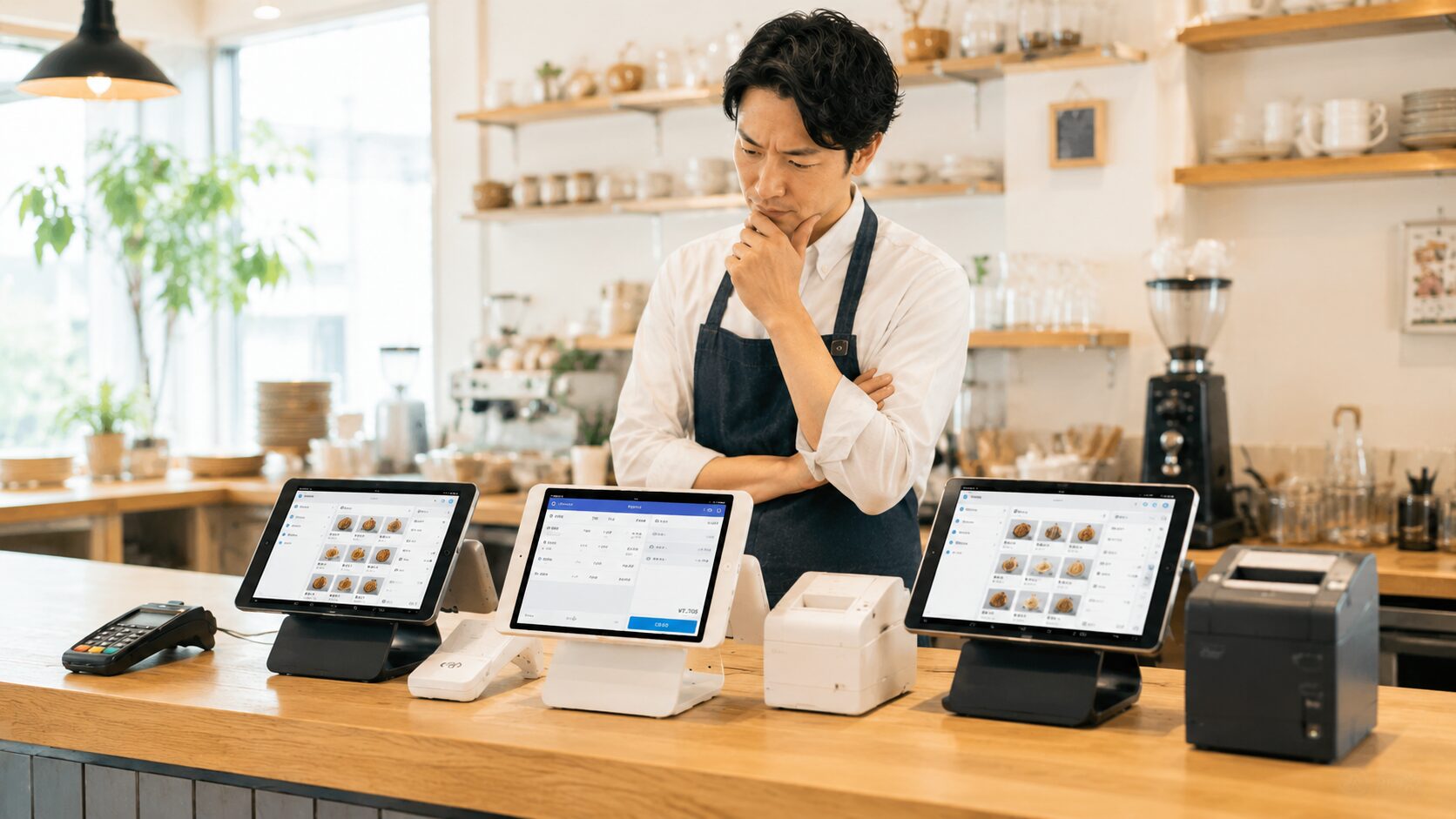 飲食店のカウンターで複数のPOSレジを比較検討しているオーナー