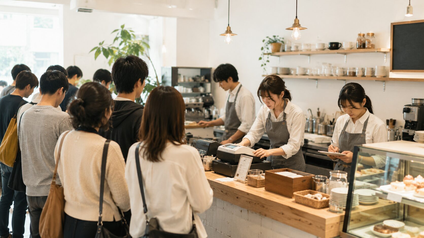 ランチタイムの飲食店でレジ待ちが発生し、スタッフが忙しく会計対応している様子