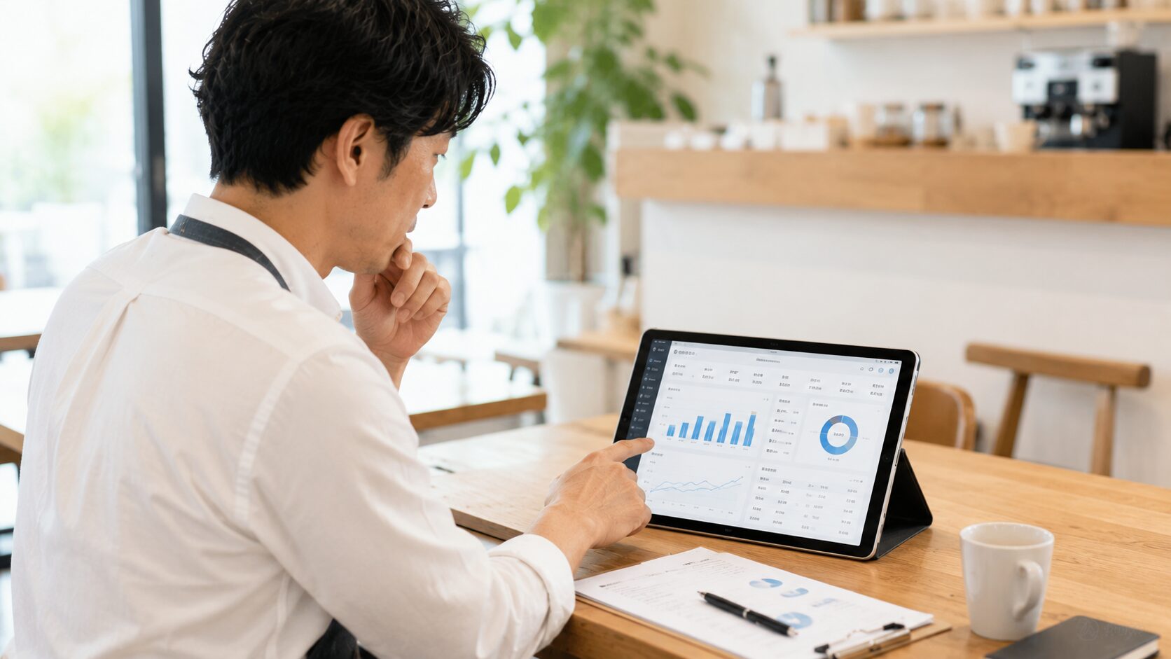 飲食店オーナーがタブレットPOSの売上分析画面を確認している様子