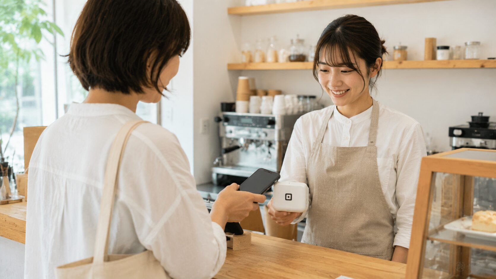 キャッシュレス決済端末を使って会計しているカフェスタッフと利用客